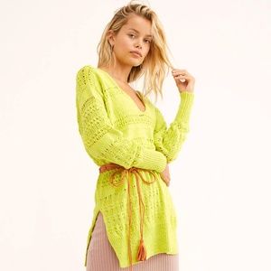 NWT FREE PEOPLE Oversized Pullover Crochet Knit Sweater Neon Lime